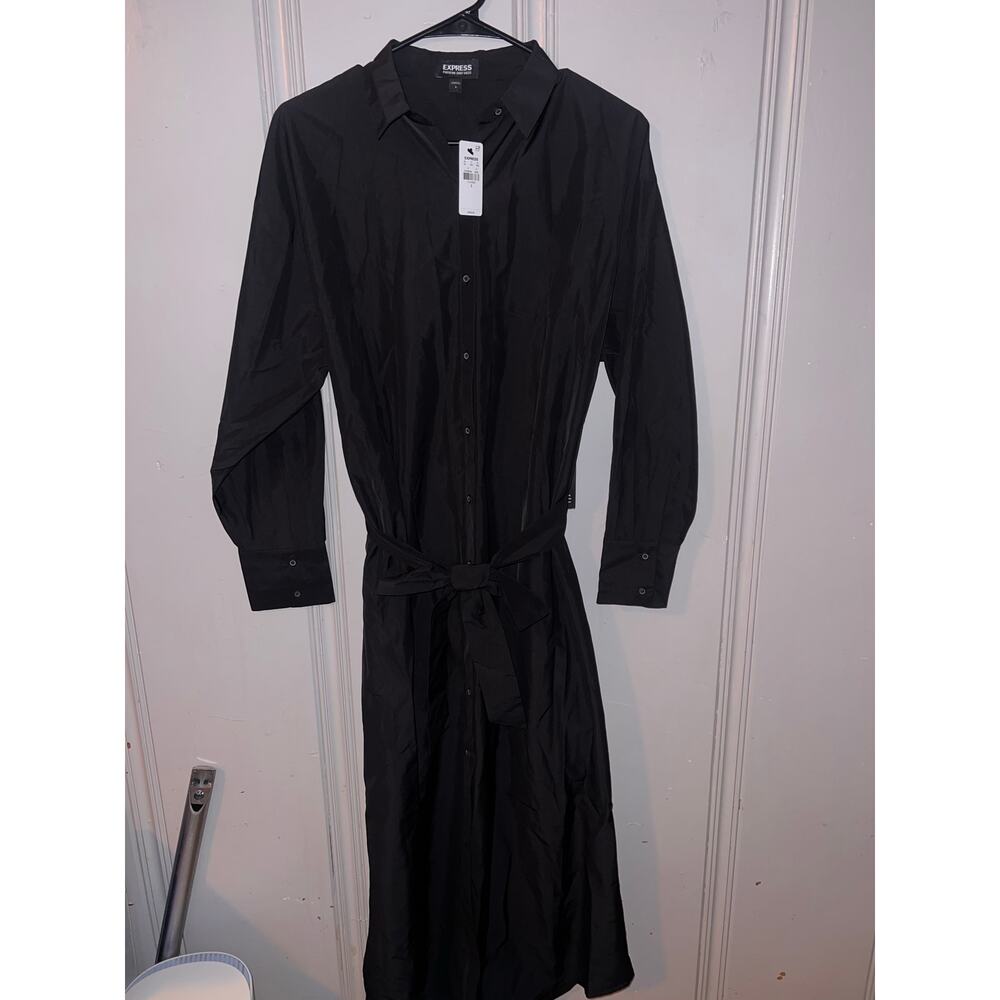 Express Women's Black Midi Shirt Dress w/ Belt Size S Workwear